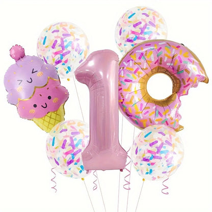 7-Piece Set of Cute Pink Donut Candy Foil Balloons 40inch Ice Cream Themed Birthday Party Scene Decoration Photo Props Indoor and Outdoor Decoration Cool Summer Gifts Anniversary Supplies, Halloween Decorations, Christmas Dec