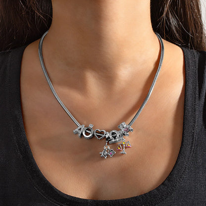 Fashionable Multi Element Cute Bear Libra Pendant Zircon Love Letter Necklace Bracelet Versatile Women's Jewelry Set