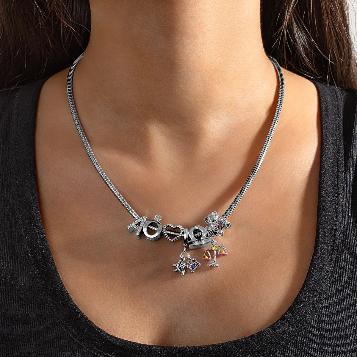 Fashionable Multi Element Cute Bear Libra Pendant Zircon Love Letter Necklace Bracelet Versatile Women's Jewelry Set