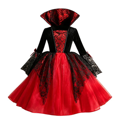 Kids Girls Cosplay Gothic Dark Ghost Bride Witch Vampire Halloween Costume Red Black Tutu Dress Wig Veil Kits Trick or Treat