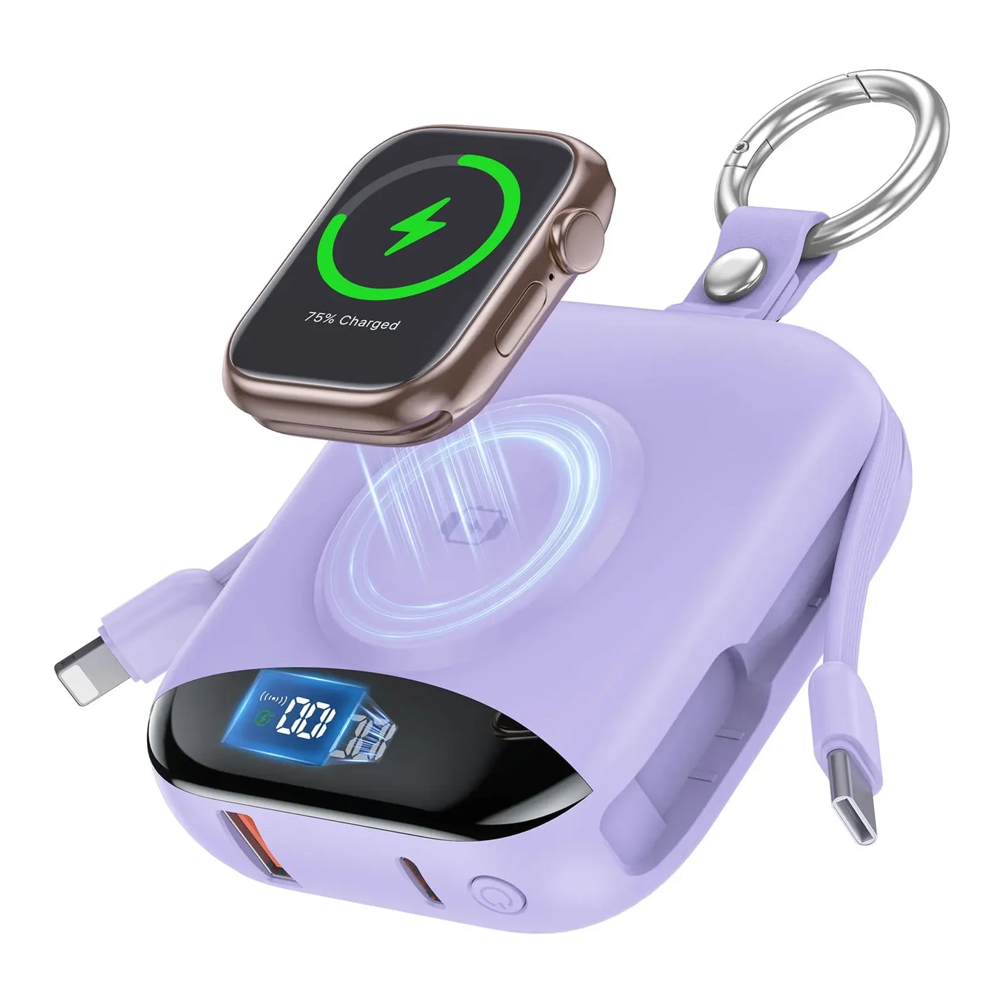 10000mAh 22.5W Fast Charging Power Bank with Built-in Cables, 4-in-1 Portable Charger with LED Display Keychain for IWatch Phone