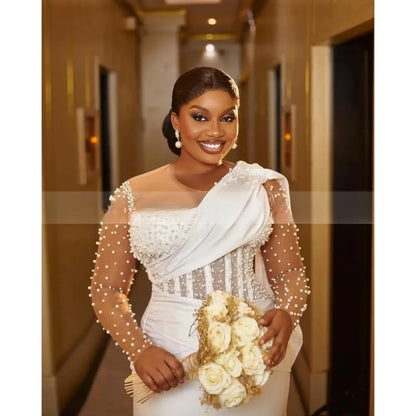 Pearls Civil Mermaid Wedding Dresses Sheer Neck Long Sleeve Lace Up Straight Ankle Length Africa Bridal Gowns Customized
