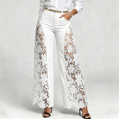 Women High Waist Lace Spliced Wide Leg Denim Jeans Loose Flowy Casual Daily Trousers