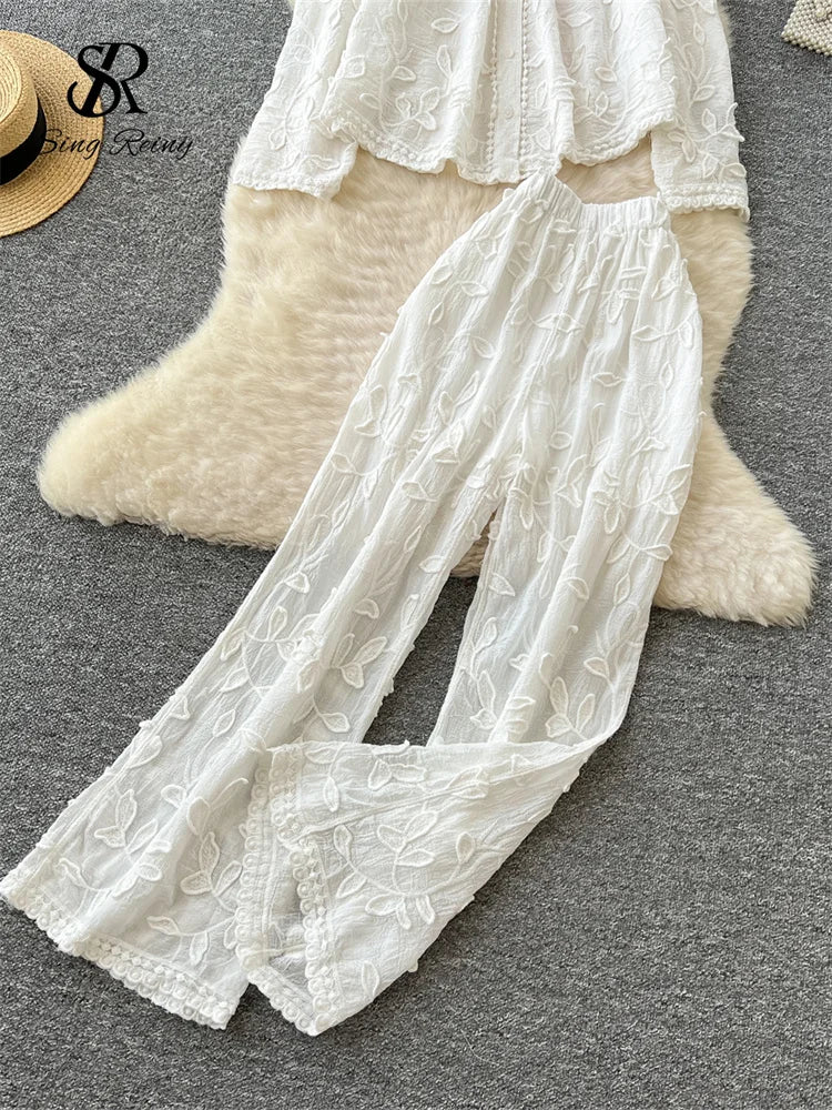 SINGREINY Senior Embroidery Leaves Sets Long Sleeves Single Breasted Top+Wide Legs Casual Pants 2025 Korean Women Solid Suits