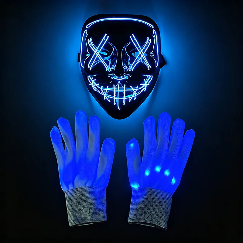 Wireless LED Neon Purge Mask & Fiber Optic Gloves, Scary Glow In Dark Mask for Halloween Carnival Cosplay Bar Birthday Party