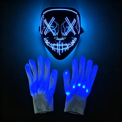 Wireless LED Neon Purge Mask & Fiber Optic Gloves, Scary Glow In Dark Mask for Halloween Carnival Cosplay Bar Birthday Party