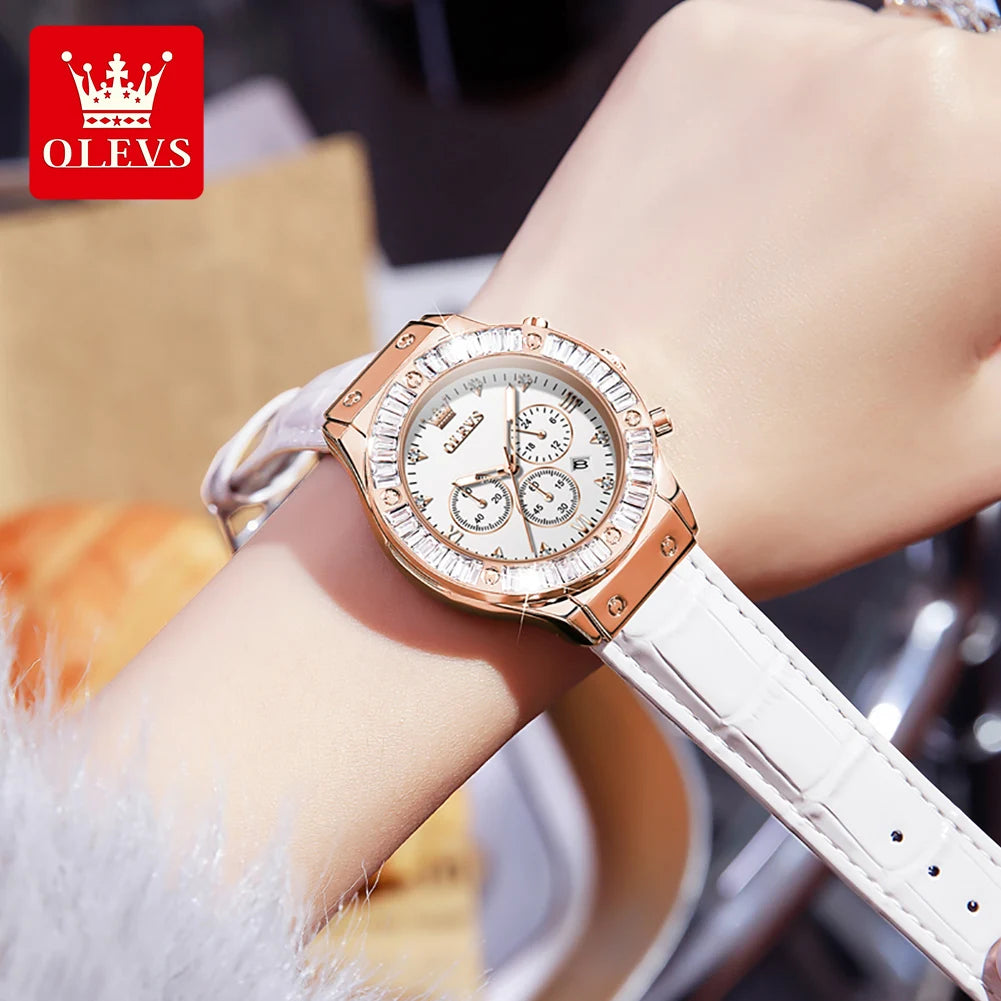 OLEVS 9978 Women Watch Original Quartz Watch Waterproof Leather Strap Multifunctional Chronograph Watch Bracelet Set Gifts Box