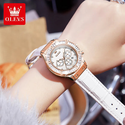 OLEVS 9978 Women Watch Original Quartz Watch Waterproof Leather Strap Multifunctional Chronograph Watch Bracelet Set Gifts Box