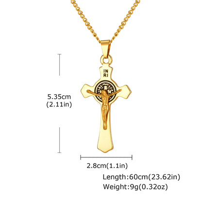 Stainless Steel Cross Necklace Catholicism Jesus Pendant Gold Color Collar Church Prayer Faith Jewelry for Men Women Gift