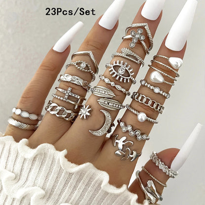 23pcs Fashion Knuckle Rings Set for Women Crystal Star Moon Eye Wave