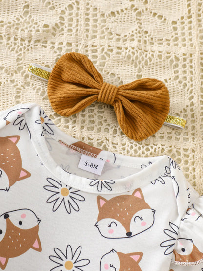 Little Fox Autumn Story Corduroy Set: Full Daisy Print Romper + 3D Embroidered Suspender Skirt + Headband Three-Piece Set, Baby Autumn/Winter Outfit