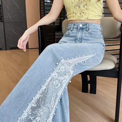High Waist Women Jeans New Summer Thin Fashion Loose Hollow Out Wide Leg Pearl Lace Rayon Denim Pants