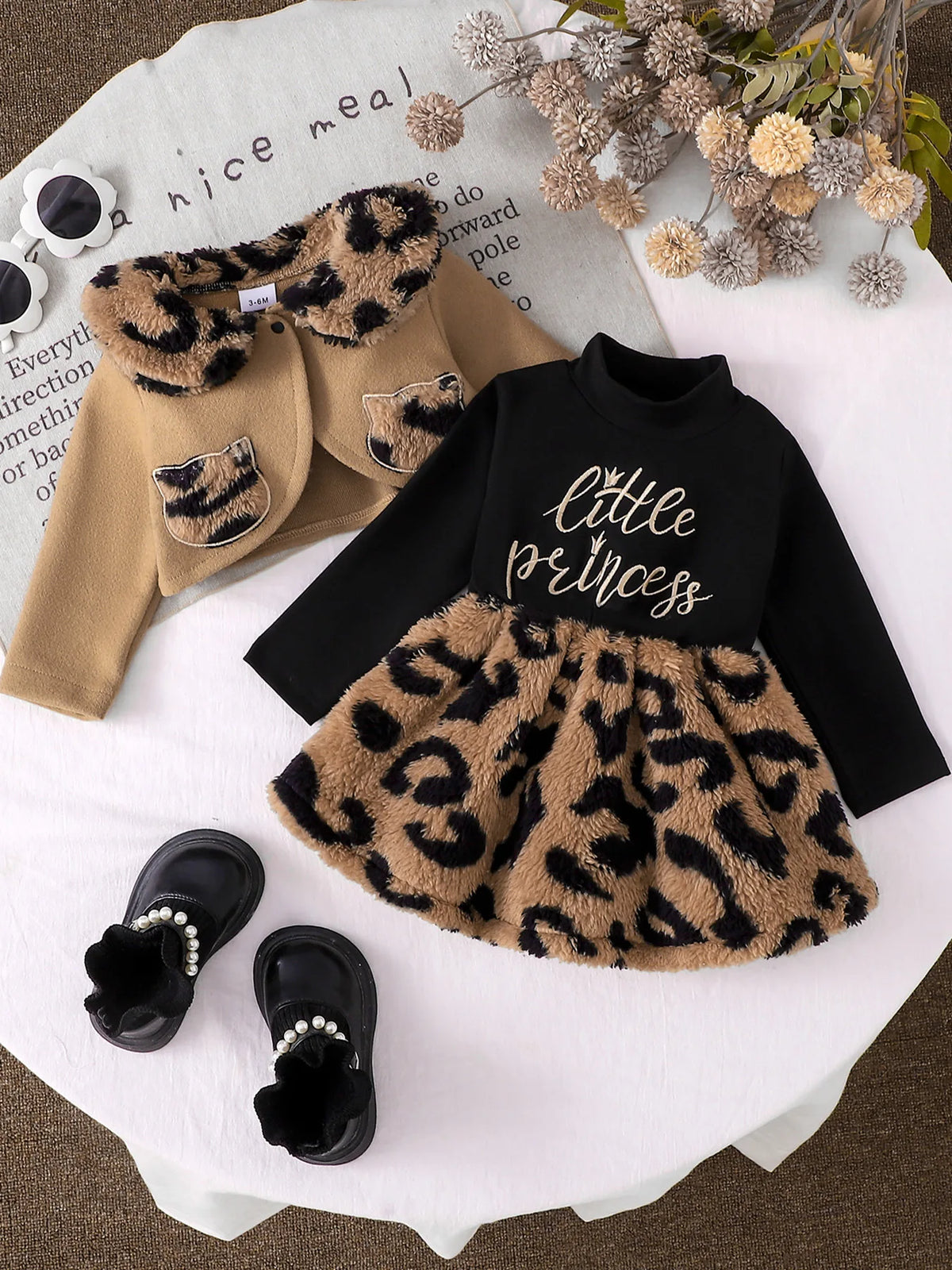Baby Girl's "Little Princess" Leopard Print Plush Dress + Lapel Short Coat Set, Warm and Stylish Two-Piece Set for Autumn and Winter