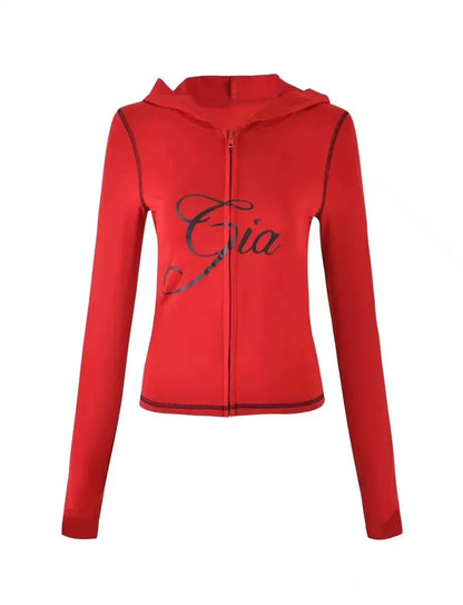 Gia Straight Shoulder Slim Letter Print Slim Hooded Zipper Short Jacket Sports Casual Pants Set