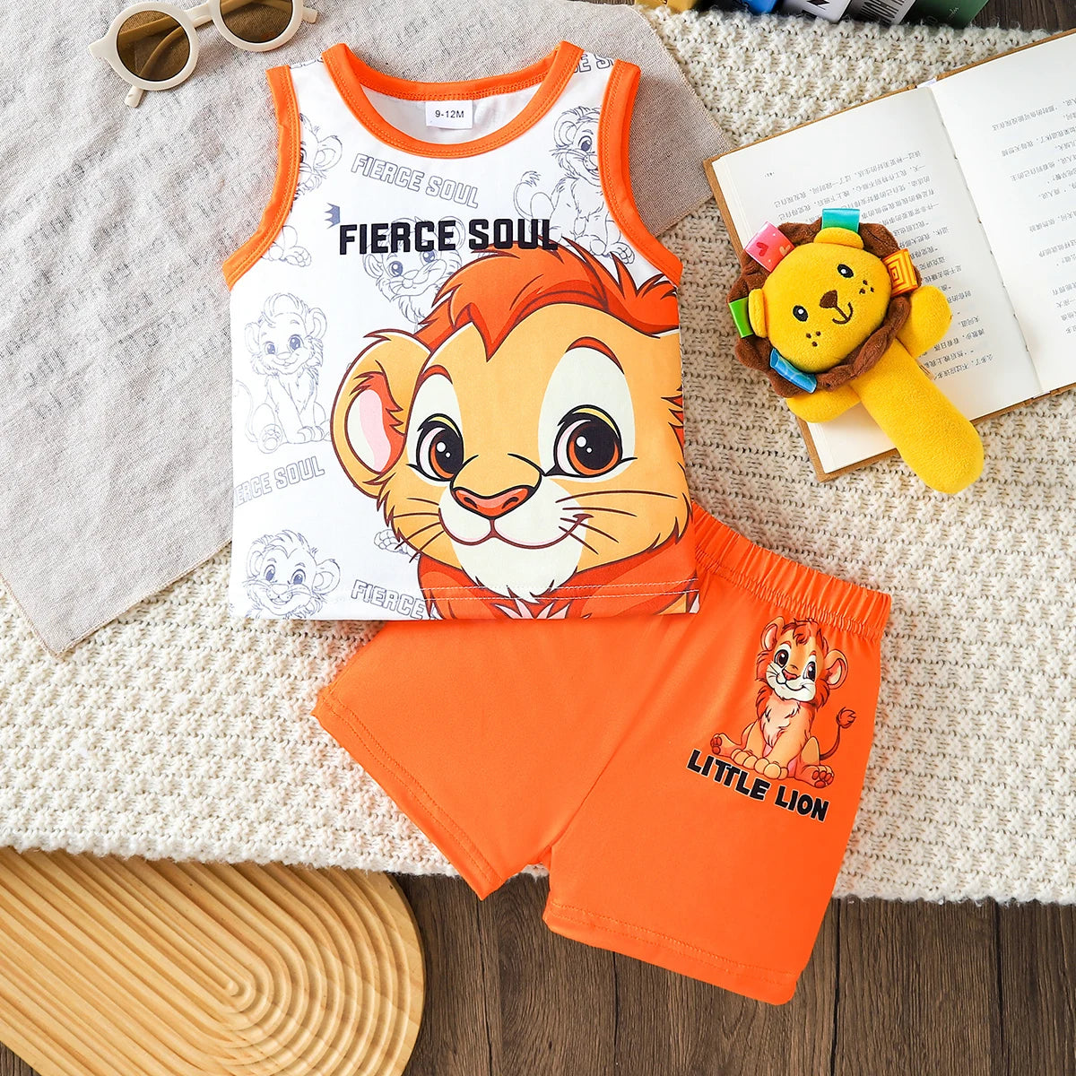 2pcs Summer Baby Boys Lion King Print Tank Top Set, Fierce Soul Graphic, Casual Daily/Outdoor Play, 9-12M, Contrast Trim Vest