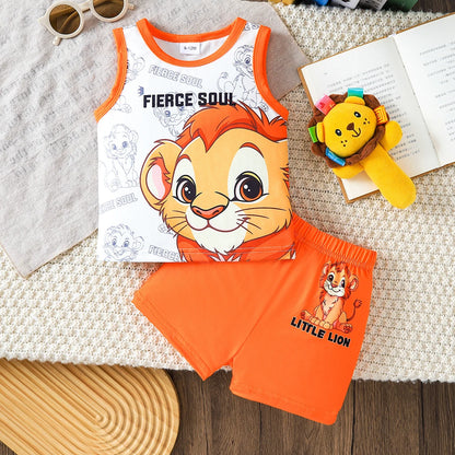 2pcs Summer Baby Boys Lion King Print Tank Top Set, Fierce Soul Graphic, Casual Daily/Outdoor Play, 9-12M, Contrast Trim Vest