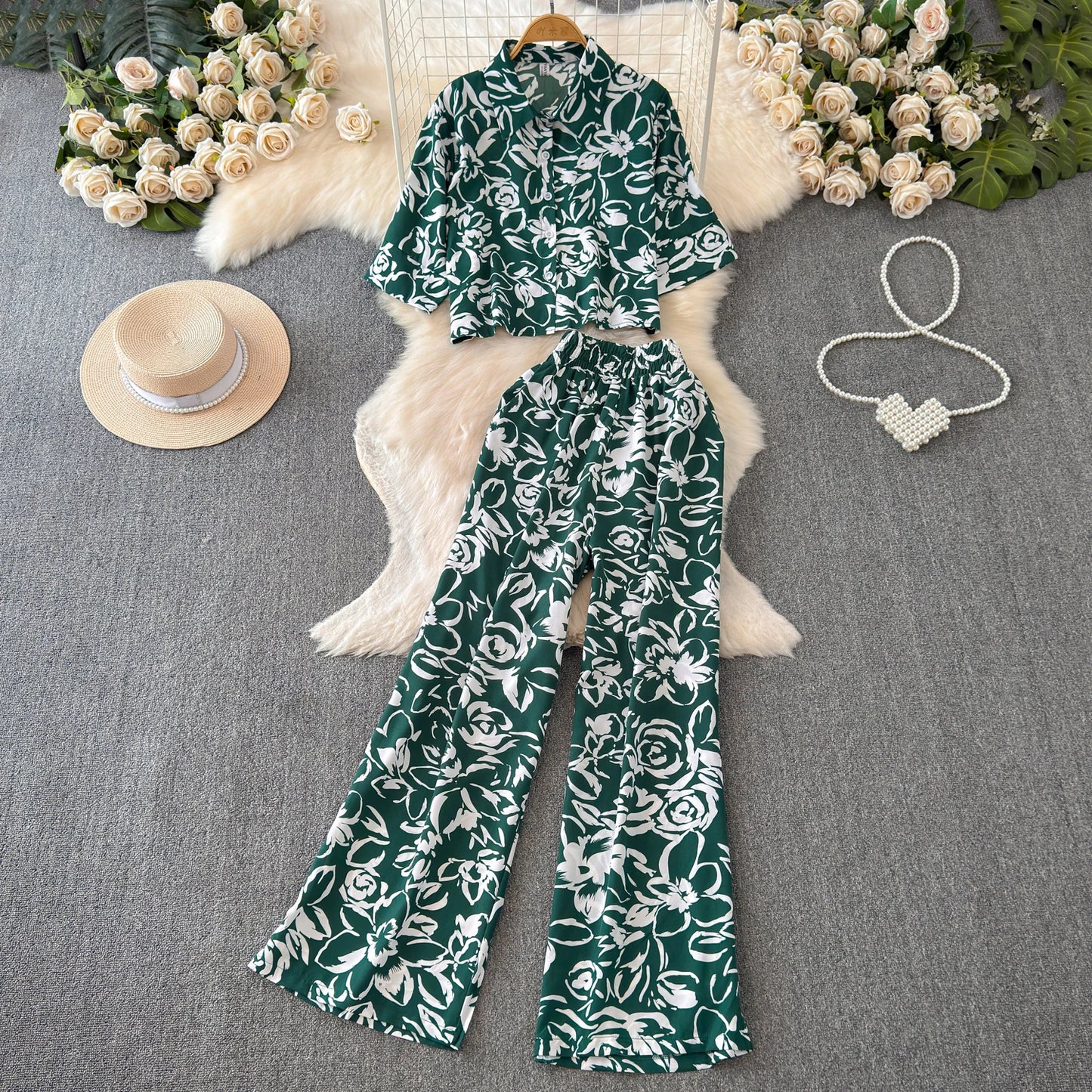 Beach Style Fashion Printed Women Pant Sets 2pcs Short Chiffon Shirts+Wide Leg Pants 2025 New Summer Casual Loose Female Suits