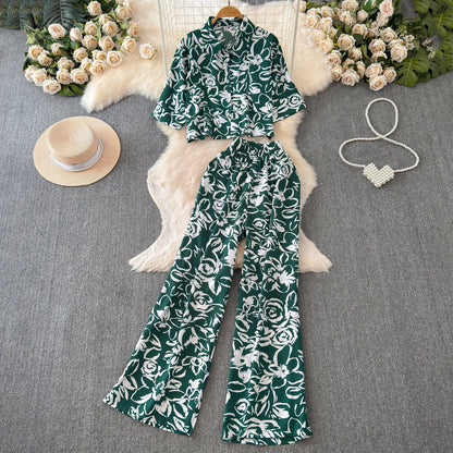 Beach Style Fashion Printed Women Pant Sets 2pcs Short Chiffon Shirts+Wide Leg Pants 2025 New Summer Casual Loose Female Suits