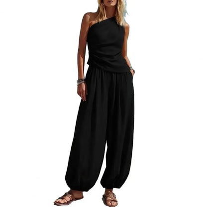Summer Women Outfit Tank Top Pants Two Piece Set One-shoulder Sleeveless Shirt Solid Color Loose Casual Top Pants Suit
