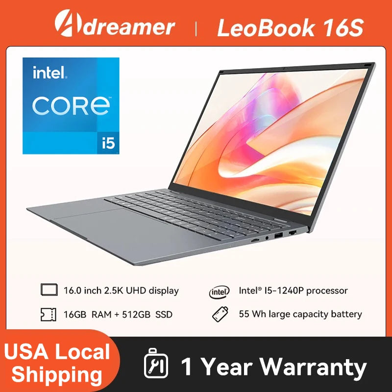 16 Inch Laptop Intel Core I5-1240P CPU 2.5K IPS Display Windows 11 Notebook Portable Business Laptop 16GB RAM 512GB/ 1TB ROM For Student, Business, USA Local Shipping