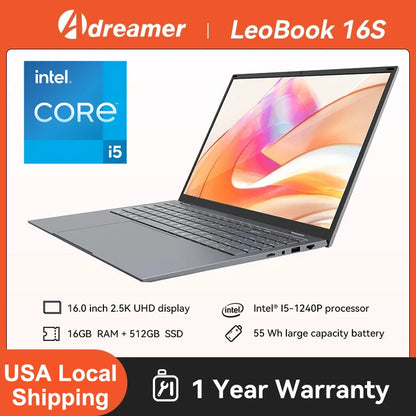 16 Inch Laptop Intel Core I5-1240P CPU 2.5K IPS Display Windows 11 Notebook Portable Business Laptop 16GB RAM 512GB/ 1TB ROM For Student, Business, USA Local Shipping