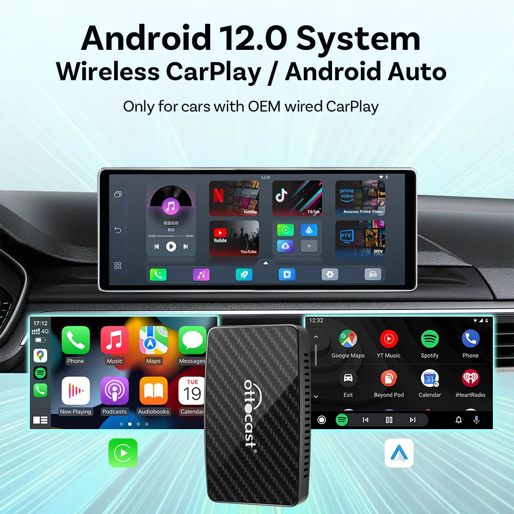 OTTOCAST Play2 Video Pro Wireless Carplay Adapter Android Auto Video Ai Box Built in Youtube Netflix for Car with Wired Carplay