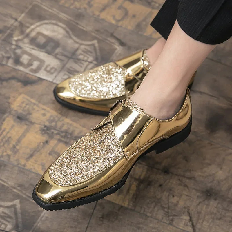 Shoes Men Casual Man Men's Summer Shine Gold Dress Patent Leather For Mens Gold Moccasins Business Pointed Bussiness Luxury