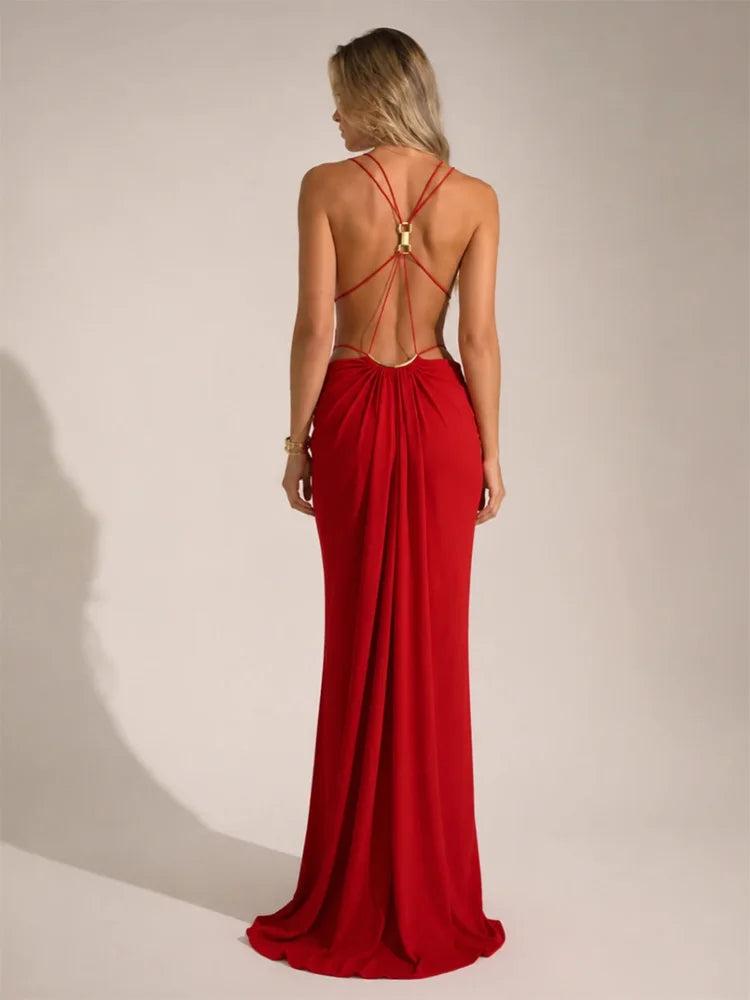 Sexy Backless Party Women's Dress Sleeveless V-neck Slim Maxi Female Vestidos 2026 Fashion Pleated Hollow Out Evening Lady Robe