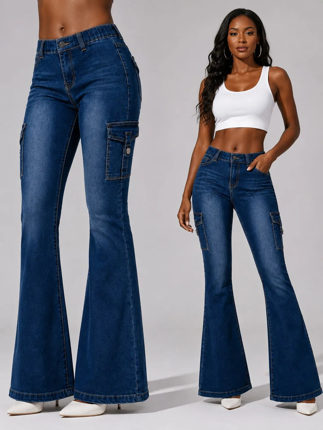 Women's High-quality Stretch Vintage Washed Cargo Flare Jeans, Y2K Style, Casual and Versatile, Suitable for All Seasons