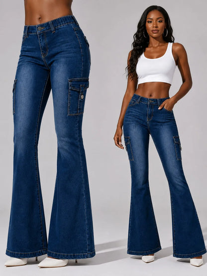 Women's High-quality Stretch Vintage Washed Cargo Flare Jeans, Y2K Style, Casual and Versatile, Suitable for All Seasons