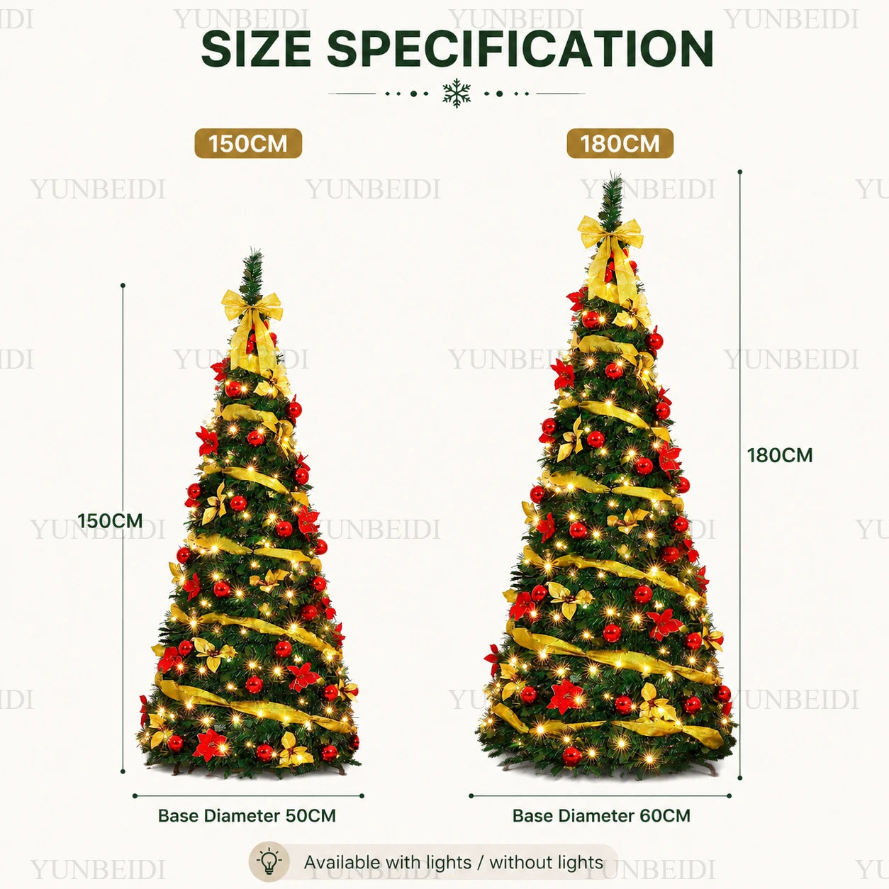 Folding Christmas Tree with LED Lights and Christmas Flowers Telescopic Artificial Christmas Tree 150CM/180CM Home Decoration