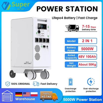 Portable Power Station 5000W LiFePO4 48V 100Ah 5Kwh 6000W MPPT Inverter With Light 18W-USB EU AC Input/Output PV Input EU STOCK
