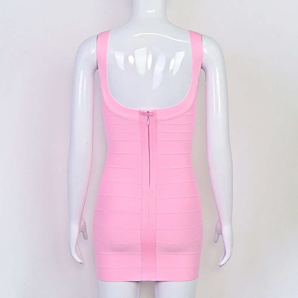 BEAUKEY New Trendy Pink Ginger Bandage Mini Party Dress Women Quality Sexy Bustier Backless Bodycon Dress Club Birthday Dress