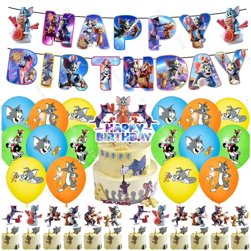 Cartoon T-Tom And J-Jerry Party Decorations Banner Latex Foil Balloons Cake Topper Birthday Movie Show Party Supplies Set Favor