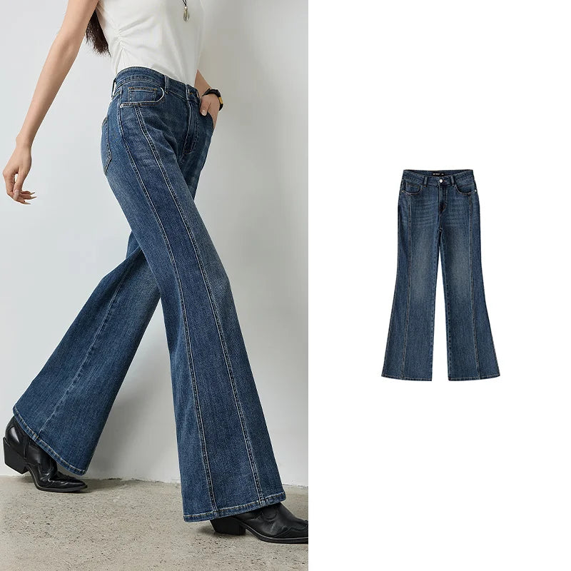 TOYOUTH Women's Glazed Blue Deconstructed Splicing Stretch Cotton Jeans 2026 Autumn New Slim Fit Flared Chic Denim Trousers