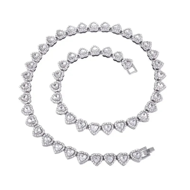 45CM New Hip Hop Tennis Chain Bracelet Necklace Shiny Heart Rhinestone CZ Fashion Rock Party Jewelry