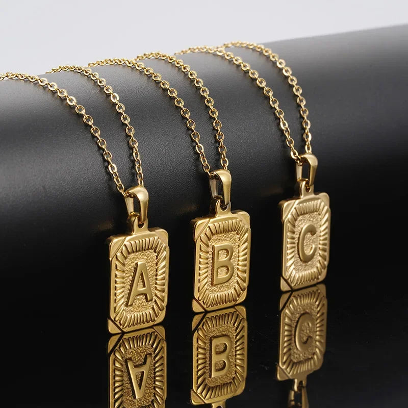 Initial Pendant Necklace for Women Simple Stainless Steel Cuba Link Charm Letter Square Necklace Men Jewelry Couple Gift