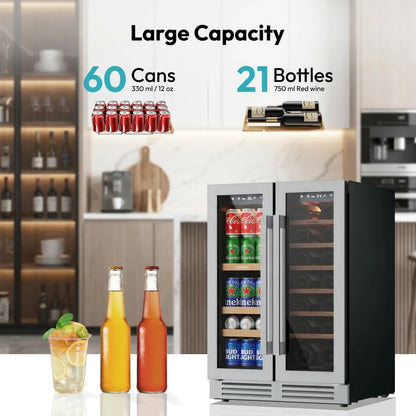 24 Inch Dual Zone Beverage Wine Fridge 60 Can 21 Bottle Glass Door  Built-In Digital Touch Control Home Office Bar