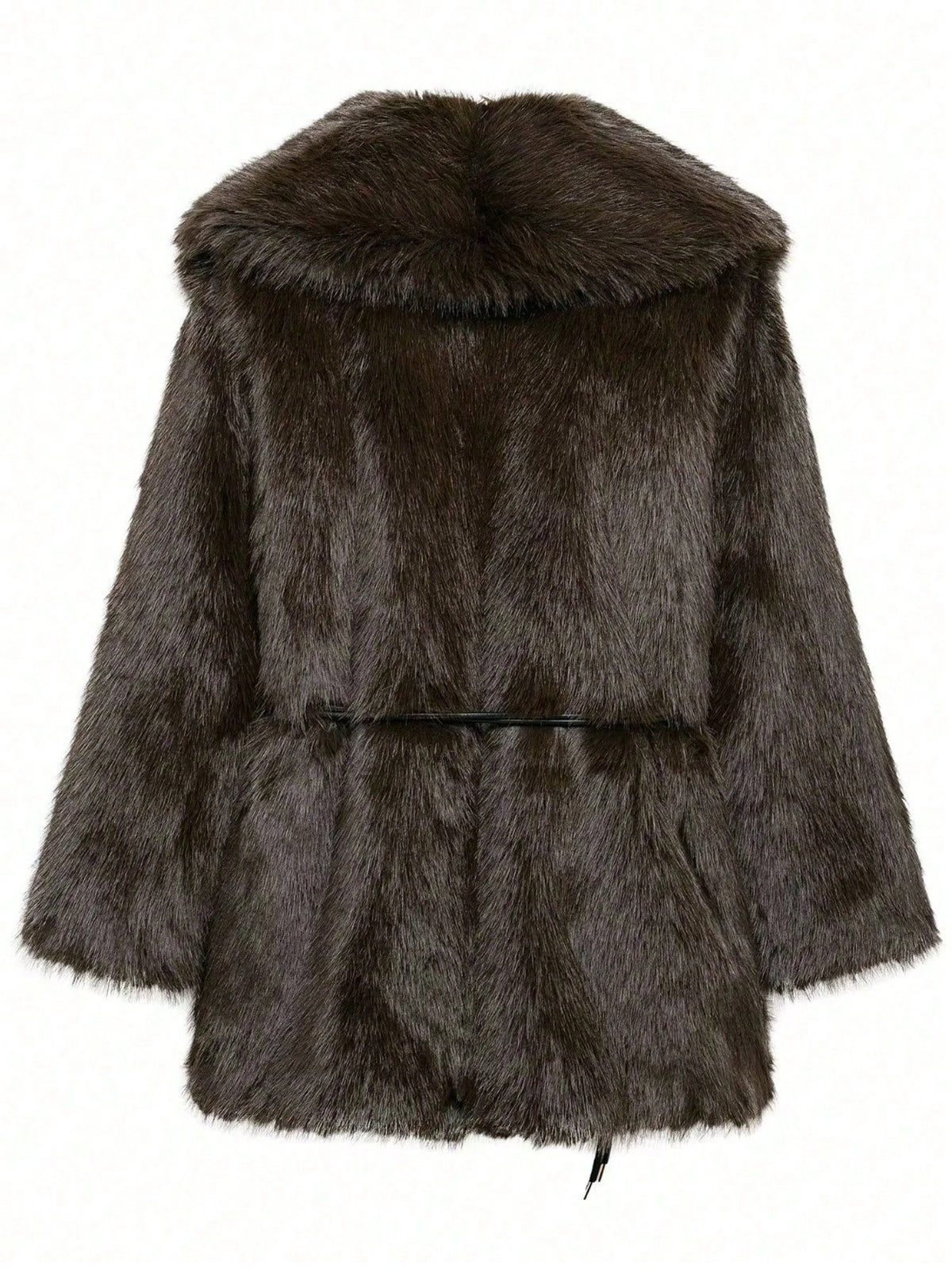 IG Women Large Lapel Belted Waist Faux Fur Mid-Length Coat, Long Sleeve Winter Warm Elegant Fluffy Outerwear