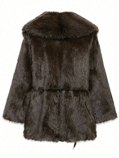 IG Women Large Lapel Belted Waist Faux Fur Mid-Length Coat, Long Sleeve Winter Warm Elegant Fluffy Outerwear