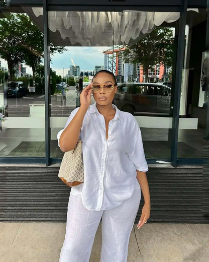 Women Casual Two Piece Pant Set Short Sleeve Turn Down Collar Shirts Top and High Waist Loose Wide Leg Pant Matching Set 2025