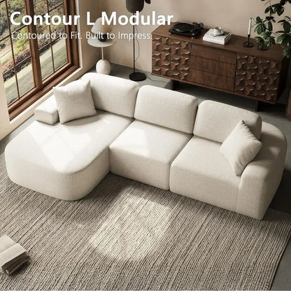 L-Shaped Sectional Sofa with Chaise, No Assembly, Ivory Beige Bouclé-Style Upholstery for Living Room