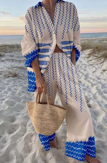 Summer Casual Shirts Two Piece Outfits 2 Pieces Set For Woman New In Matching Sets Blouse For Woman Temperament Vacation Printed