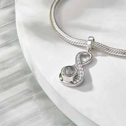 Infinite Love Photo Projection Charm Necklace. Sterling silver pendant for a meaningful gift.