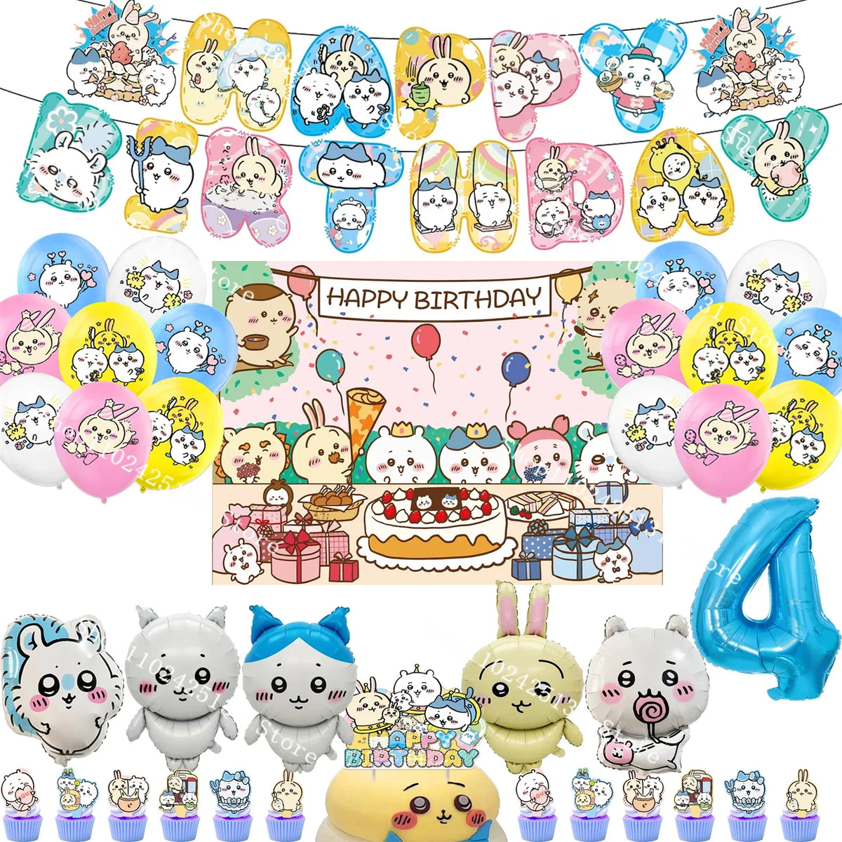 Chiikawa kawaii Happy Birthday Party Decorations Cute plate Banner Cake Topper Flag Balloons Disposable tableware Decorations
