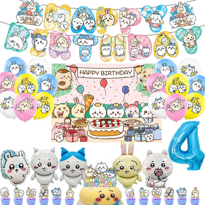 Chiikawa kawaii Happy Birthday Party Decorations Cute plate Banner Cake Topper Flag Balloons Disposable tableware Decorations