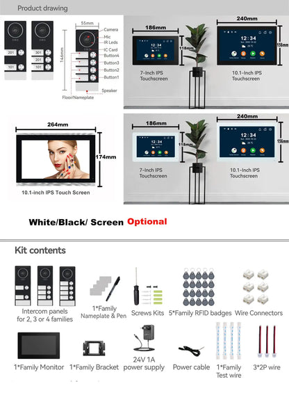 Tuya 7Inch Touch Monitor Video Wifi Intercom Smart Home Video 2 / 3 / 4 Family Apartment Doorbell System 1080P Wide Angle Camera