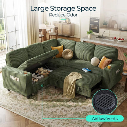 Sectional Couches for Living Room, 81" L Shape 5 Seats, Green | Sleeper sofa with pull out couch bed, corduroy, Customized