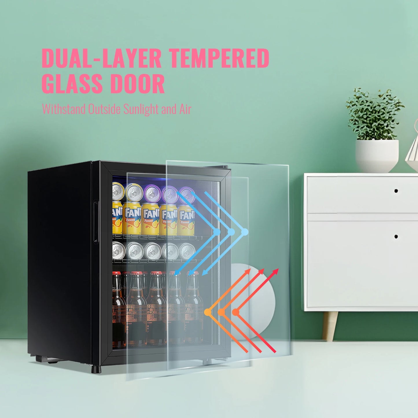 2.6 Cu.Ft Beverage Refrigerator Cooler, 100 Can Mini Fridge, Black | 32°F to 50°F, Compressor Cooling, Glass Door, 40 dB, Adjustable Temperature Control, 2 Shelves, Energy Efficient