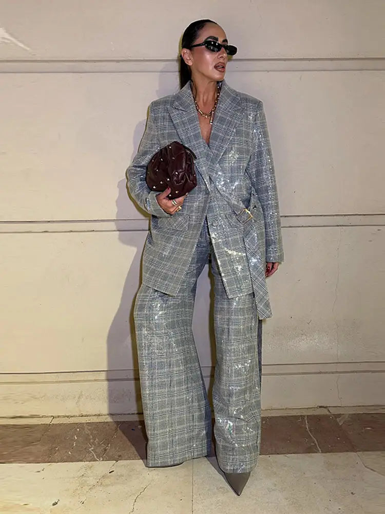Elegant Sequin Stripe Lapel Neck Top Pant Sets Women Fashion Single Breasted Shine Ribbon Coat Leg Loose Pants Set Female Sets